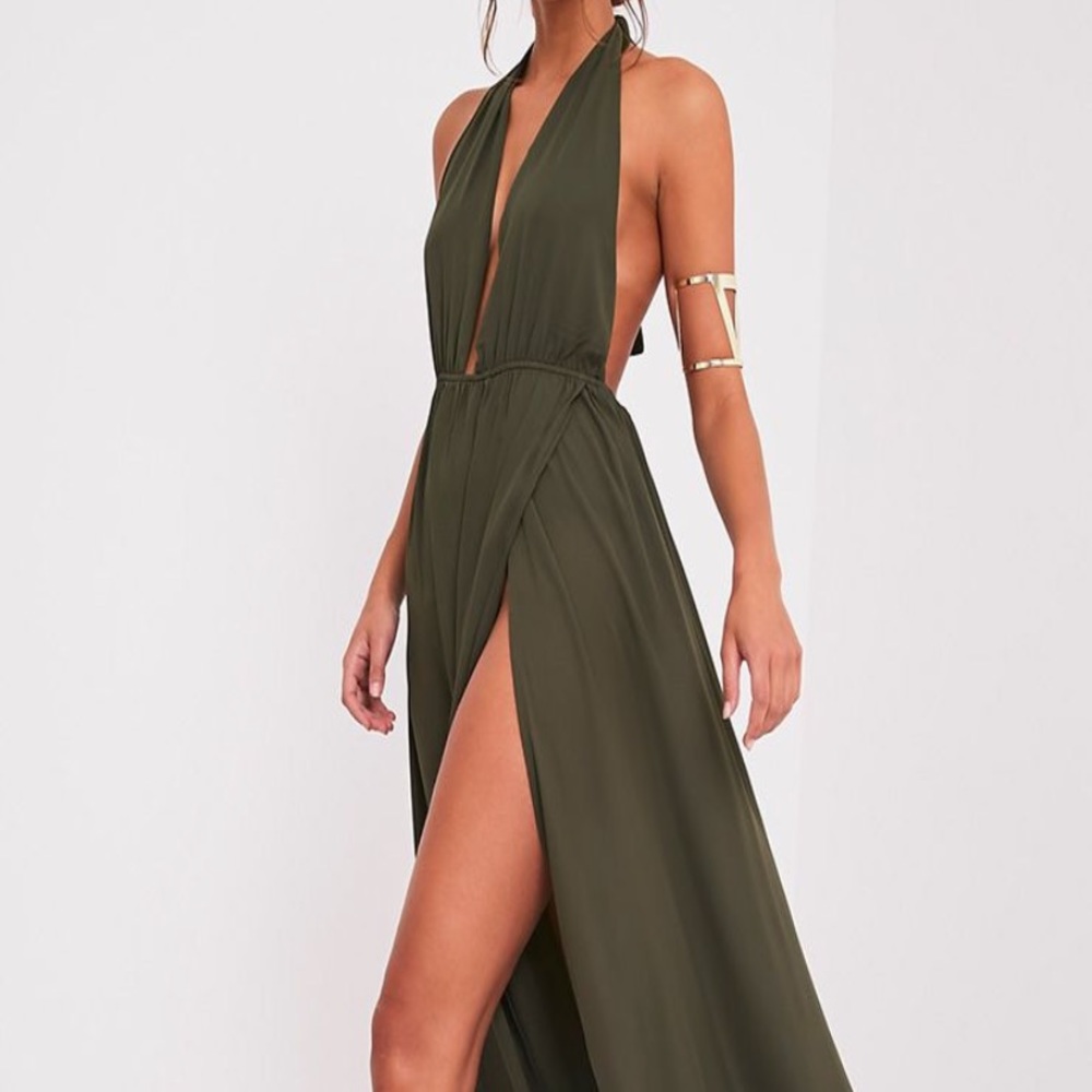 Olive green formal dress.